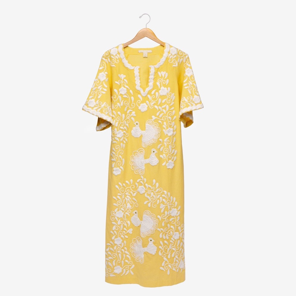 Frances Valentine yellow peacock embroidered caftan size 14